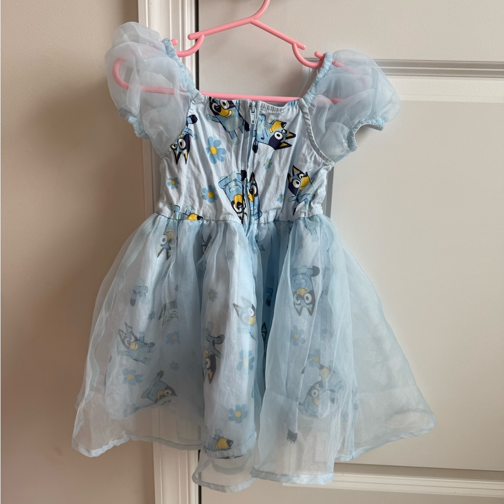 Light Blue Tulle Puff-Sleeve Kids Dress with Cartoon Print
